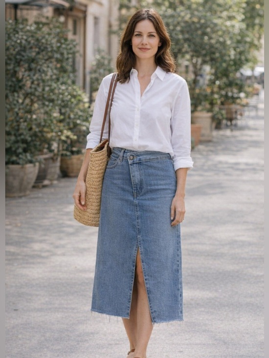 Happily Grey Dresses & Skirts - HAPPILY GREY Denim Front Slit Midi Skirt Raw Hem Asymmetrical Waistband 7/27